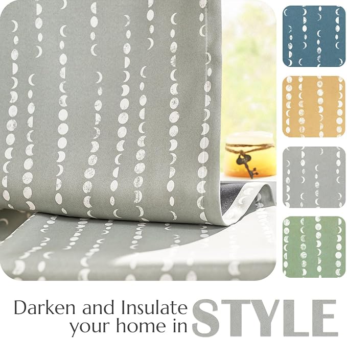 jinchan Boho Blackout Curtains 84 Inches Long Moon Phase Printed Drapes | Grey - Image 5