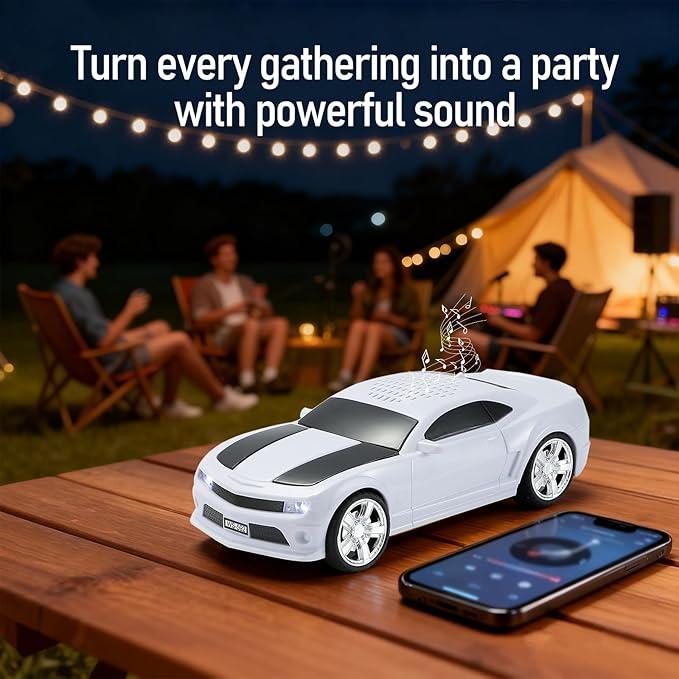 WSTER WS-592 Supercar Design Bluetooth Replica Speaker – Portable Car Model Wireless Speaker with TWS Stereo, FM Radio, LED Party Lights, USB/TF Playback, Hands-Free Calling, Microphone(White)