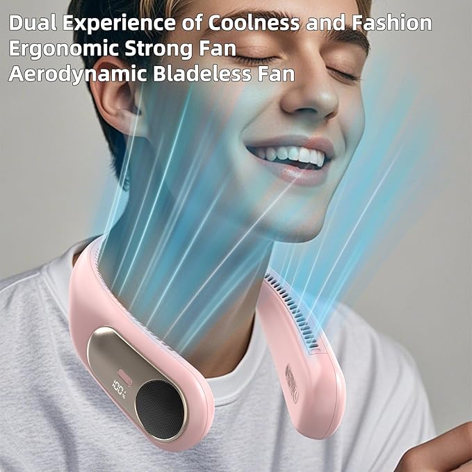 Portable Neck Fan,Personal Wearable Bladeless Fan,LED Display,4-Speeds,6000mAh USB Rechargeable,360° Strong Cooling Wind,Hands Free,White Elephant Gift,Christmas Gifts for Men Women Dad Mom (Pink)