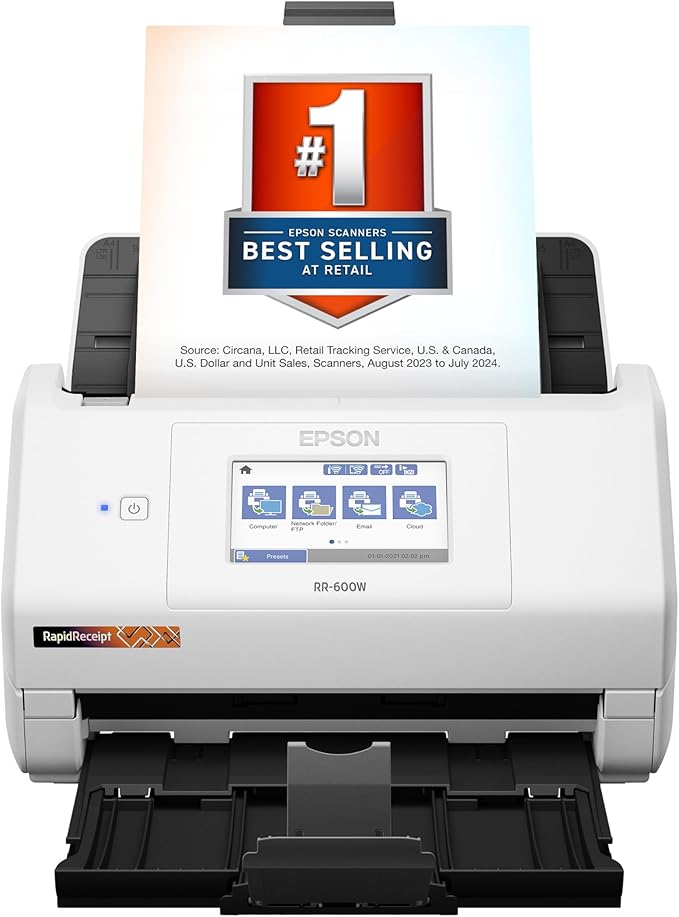 Epson RapidReceipt RR-600W Wireless Desktop Color 2-Sided Receipt & Document Scanner with ScanSmart AI PRO Receipt Management & PDF Software for PC & Mac, Touchscreen & 100-Page Auto Document Feeder