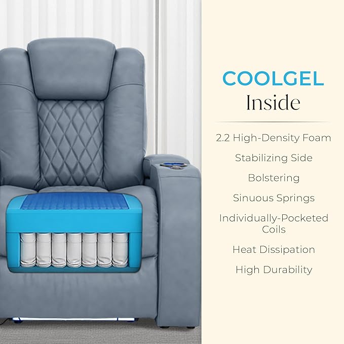 Seatcraft Diamante Zero-Gravity CoolZero Italian Leather Home Theater Seating, Power Headrest, Power Recline, Row of 3 Left Loveseat, Smokey Blue