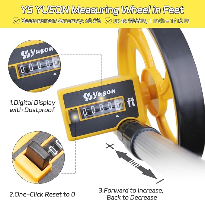 YS YUSON 6 Inch Measuring Wheel in Feet with Canvas Bag - Telescopic Folding Distance Roller Up to 10,000Ft, ±0.3% High Accuracy, Mechanical One-Key Reset for Construction, Landscaping & Surveying
