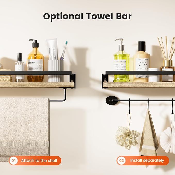 Amada Bathroom Shelves with Towel Bar, Light Brown | Floating Shelves with - Image 4