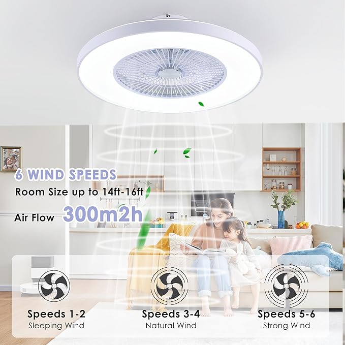 HUMHOLD 24" Bladeless Ceiling Fans with Lights and Remote/APP/Voice Control, Low Profile Ceiling Fan with RGB Lights, Enclosed Flush Mount Ceiling Fan for Kid's Bedroom/Living Room