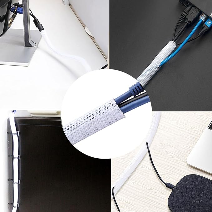 Pet Proof Split Cable Sleeve Organizer - Cord Cover Protector for Desk, Hide Wires from Cats Chewing, Computer Cord Management (3/4inch-5ft, 2Pcs, White)