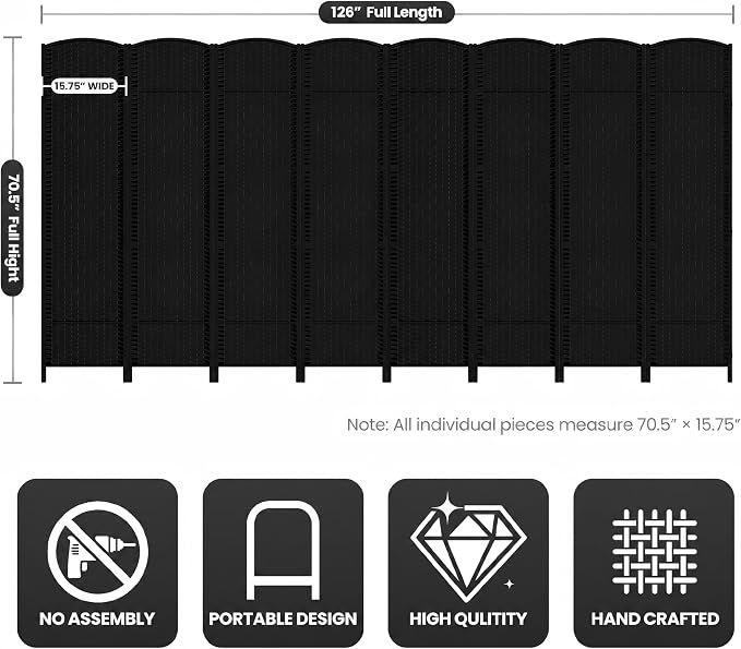 8 Panel Folding Room Divider, Woven Privacy Screen, handcrafted diamond pattern - Image 3