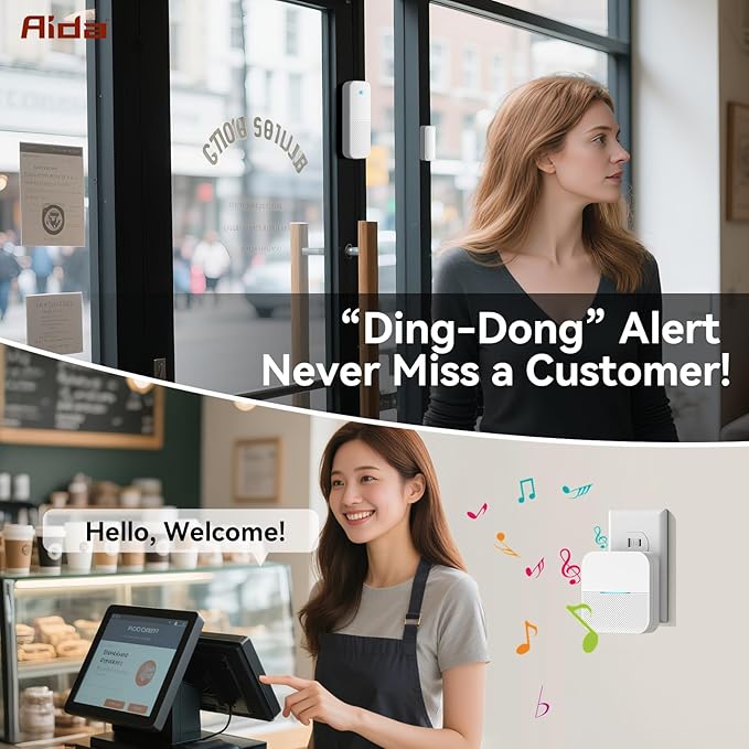 AIDA Door Alarms When Opened Wireless Ring Chime Sensor Alarm for Business/Home/Kids - 600ft Range, 58 Ringtones, 5 Volume Levels, Open Alert, Easy Install (1 Receiver + 1 Sensor)