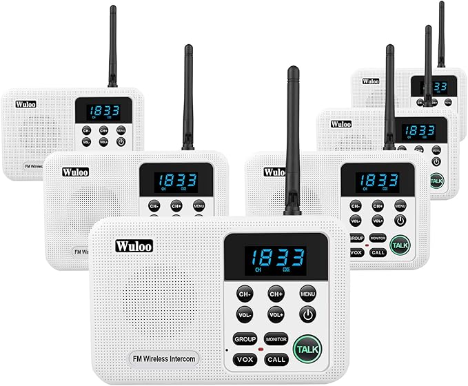 Wuloo Intercoms Wireless for Home 1 Mile Range 22 Channel 100 Digital Code Display Screen, Wireless Intercom System for Home House Business Office, Room to Room Intercom Communication (6 Packs, White)