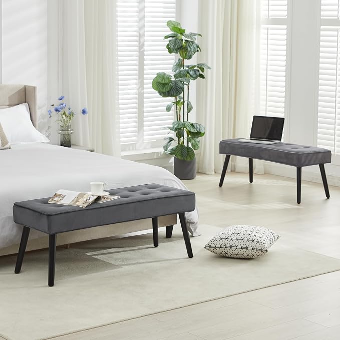 LOULENS Entryway Bench, Dark Grey | Wood Legs, Button Tufted, Upholstered Bench - Image 6