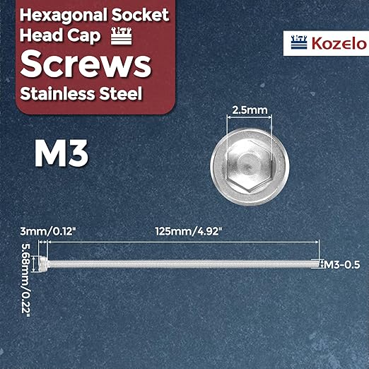 Kozelo 4pcs Socket Head Cap Screws - [M3-0.5 x 125mm] 304 Stainless Steel Allen Socket Drive for Electrical Motor 3D Printing Fan Engine Replacement Use, Silver