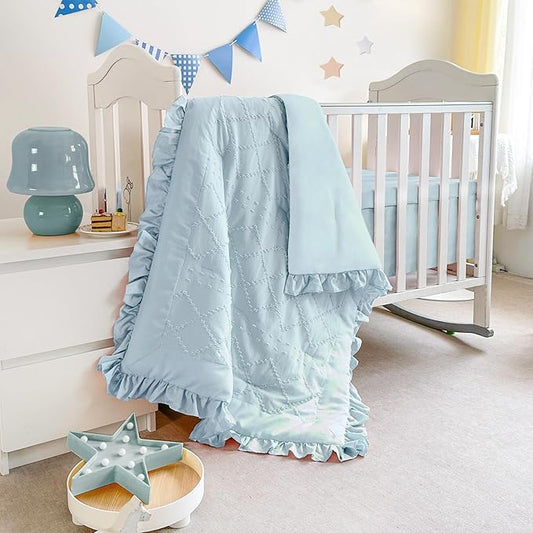 Wowelife Baby Crib Bedding Set for Girls, 3 Piece Boho Crib Comforter Set Ruffle, Baby Boy Crib Bedding Set Nursery Blanket Set Neutral Include Quilted Comforter, Crib Skirt and Sheet, Blue