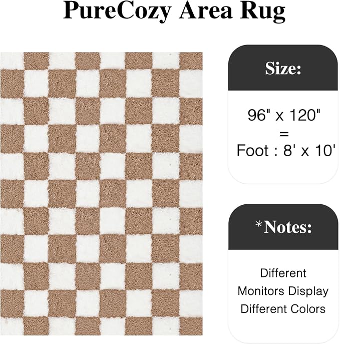 Brown Area Rug 8x10 for Living Room Soft Checkered Shag Carpet | Machine - Image 3