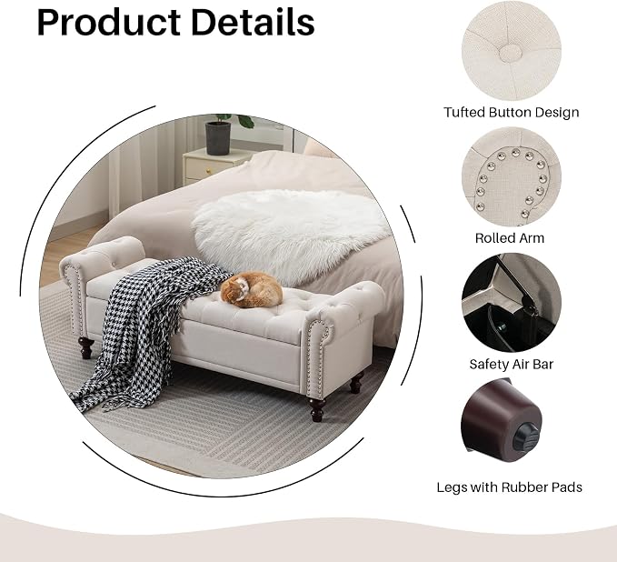 SOFTHION 58.1" Storage Bench for Bedroom, Linen Upholstered - Image 4
