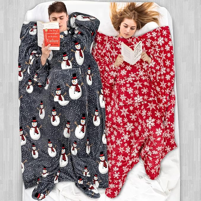 PAVILIA Fleece Blanket with Sleeves, Foot Pockets for Women Men Adults, Plush Wearable Blanket Throw Wrap, Warm Snuggle Blanket Robe, Cozy Gift Ideas Wife Mom, Snowman Gray