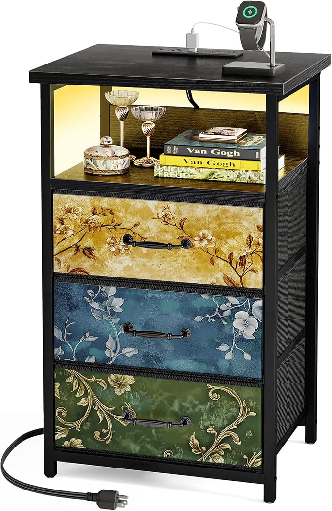 Fixwal Night Stand with 3 Fabric Drawers, Nightstand with Charging Station | by Fixwal