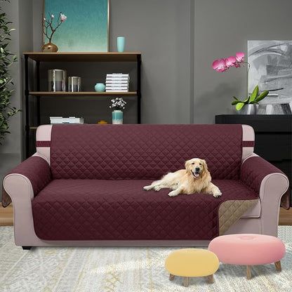 U-NICE HOME Reversible Sofa Cover Couch Cover for Dogs with Elastic Straps Water Resistant Furniture Protector for Pets Couch Cover for 3 Cushion Couch (Sofa, Burgundy/Tan)