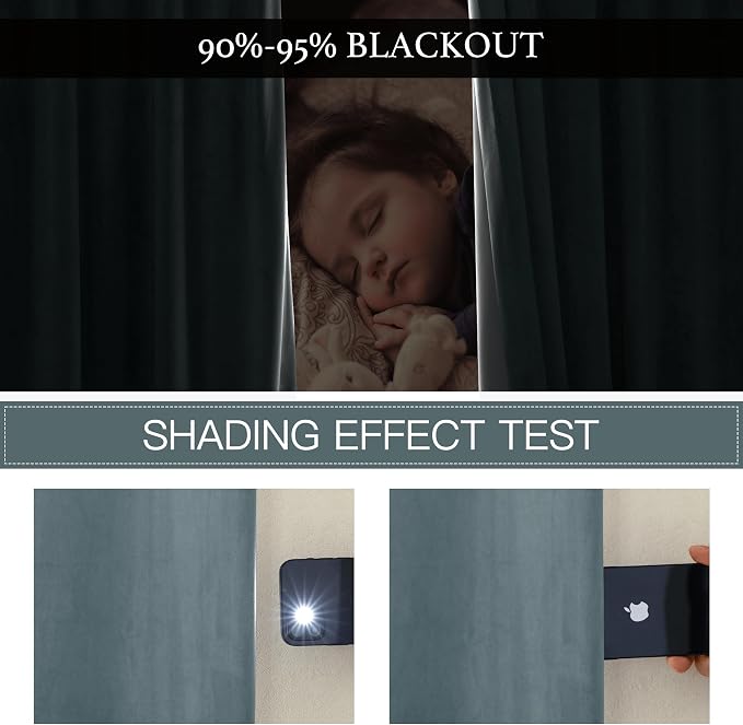 RYB HOME Blue Velvet Curtains 96 inch, Solid 2 Layers Blackout Window Curtains - Image 3