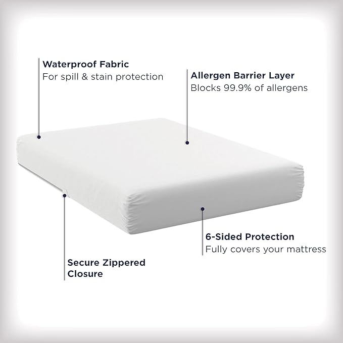 AllerEase Waterproof Mattress Protector Stain Protection Queen Size Allergen Barrier Hot Water Washable Machine Washable Durable Zippered Knit Mattress Cover Stretch Corners (White)