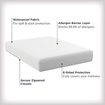 AllerEase Waterproof Mattress Protector Stain Protection Queen Size Allergen Barrier Hot Water Washable Machine Washable Durable Zippered Knit Mattress Cover Stretch Corners (White)