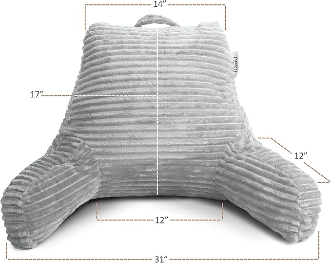 Nestl Reading Pillow with Shredded Memory Foam, Luxe Cut Plush Back Pillow for Sitting Up in Bed, Back and Arms Adjustable Support for Adult & Teens, Backrest Pillows with Washable Cover Light Grey
