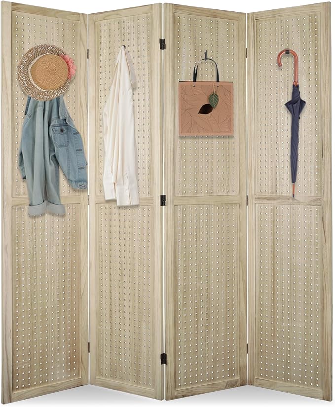 4 Panel Pegboard Room Divider | Natural Wood Folding Privacy Screen by Unknown