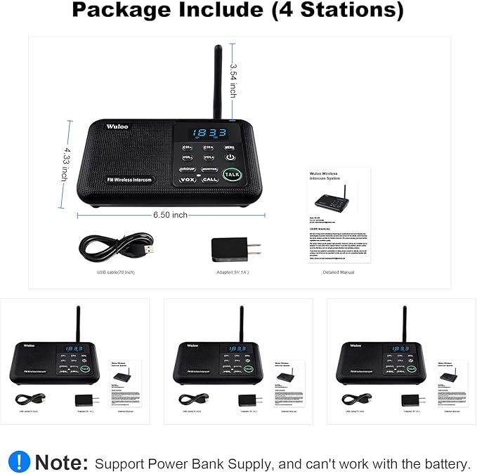 Wuloo Intercoms Wireless for Home 1 Mile Range 22 Channel 100 Digital Code Display Screen, Wireless Intercom System for Home House Business Office, Room to Room Intercom Communication(4Stations Black)