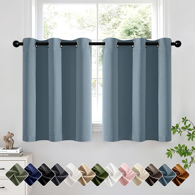 Short Stone Blue Half Blackout Curtains W40 x L36 Inch 2 Panels | Thermal by Woaboy