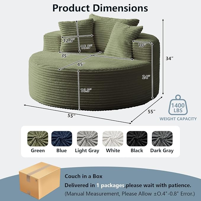 55'' Oversized Round Lounge Chaise Chair, Corduroy Upholstered Indoor Chaise - Image 2