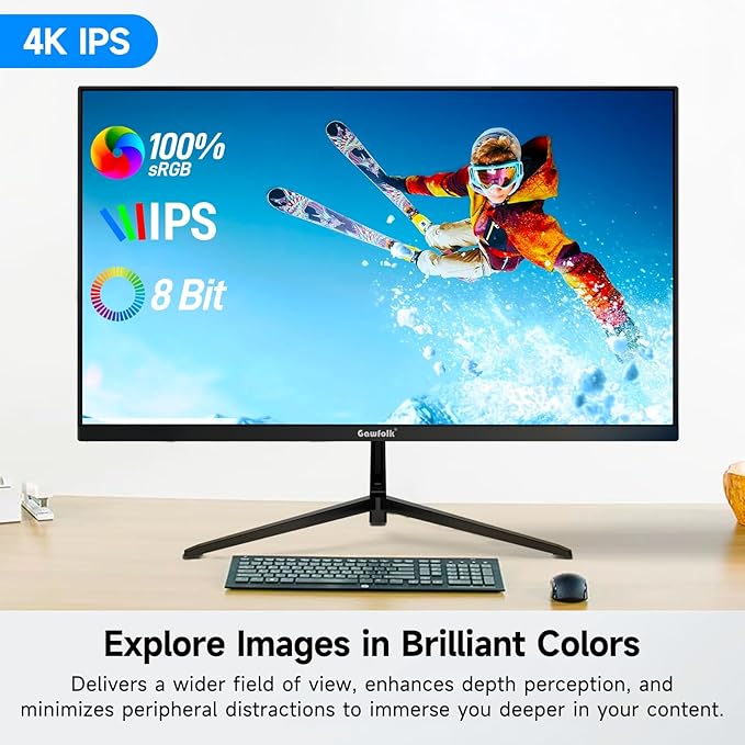 Gawfolk 27 Inch 4K Monitor IPS 60Hz, UHD 3840 x 2160p PC Monitors, Computer Dispaly for Home & Office, Support HDMI & DP, Wall Mount Compatible