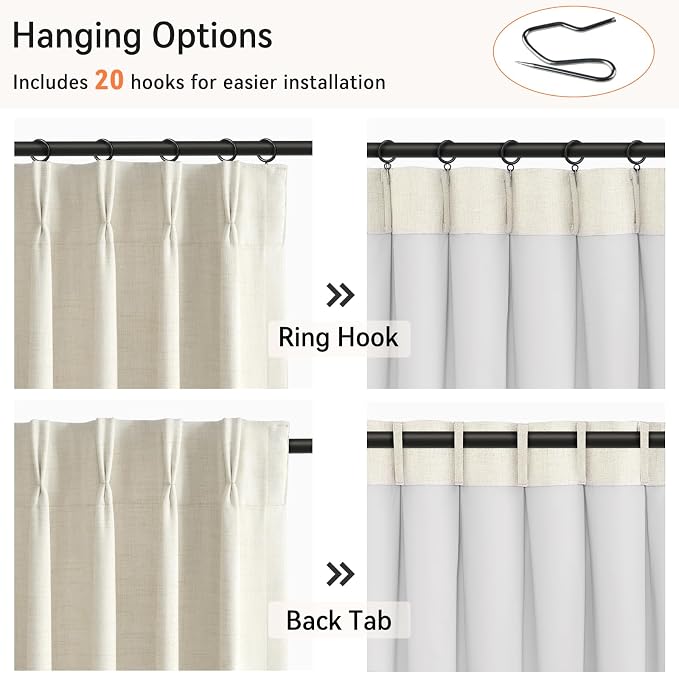 Pinch Pleated Full Blackout Faux Linen Curtains 102 Inches Long | Beige White - Image 3