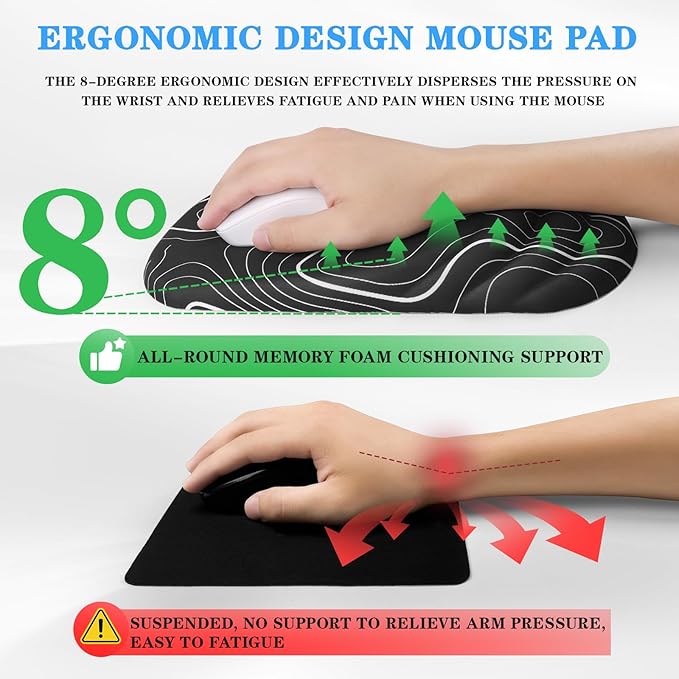 Mouse Pad Wrist Wrist Rest, Comfortable Memory Foam Wrist Rest, Non-Slip PU Base, Ergonomic Wrist Support and Arm Rests for Gaming, Office, Computer Use, Relieve Typing Pain (Black Line)