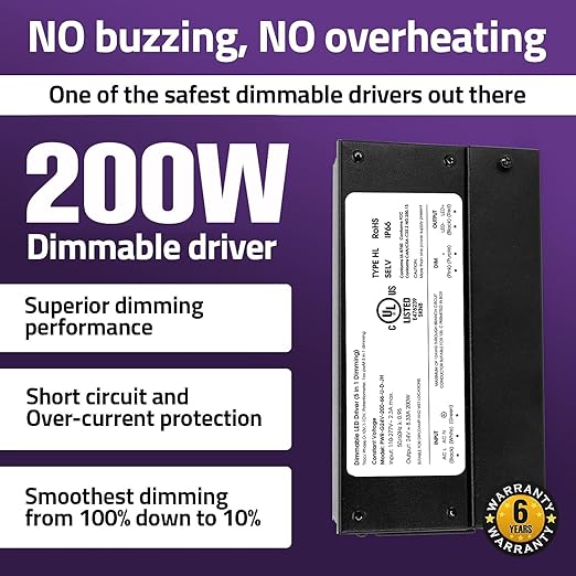 HitLights 200W Dimmable LED Driver, Electronic Transformer, 120V AC to 24V DC Power Supply for LED Strip Light, IP66 Rated, Dimming with TRIAC, 0-10V, 1-10V, Potentiometer, 10V PWM, UL Listed, Class 2