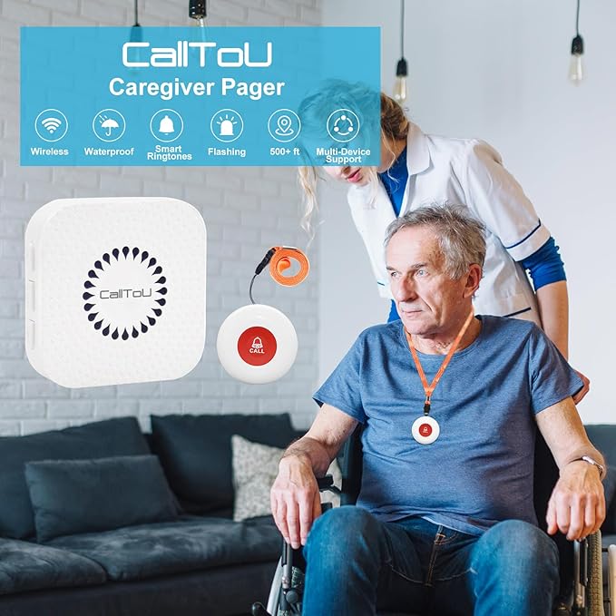CallToU Caregiver Pager Wireless Call Button Vibration Pager Nurse Calling Alert System for Home Elderly Disabled Patient 1 Transmitters 1 Plug-in Receiver