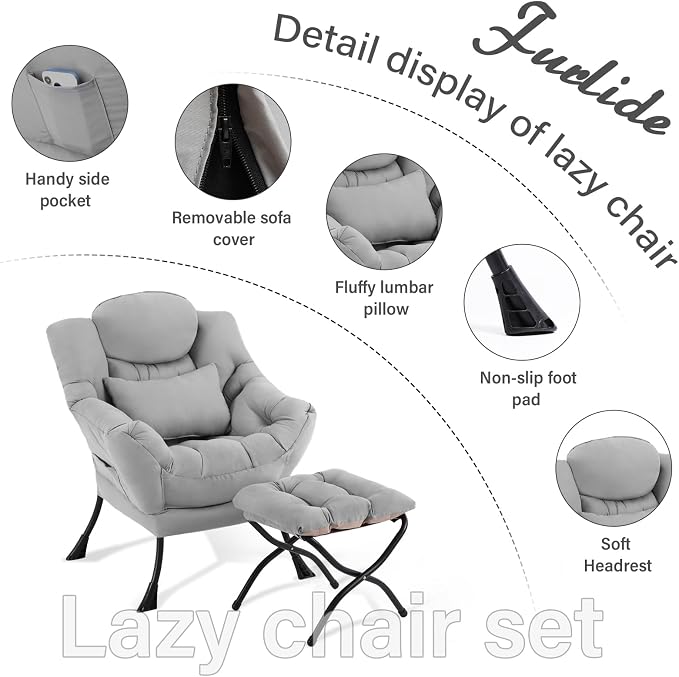 Furlide Lazy Chair with Ottoman, Modern Lounge Chair with Lumbar Pillow - Image 6