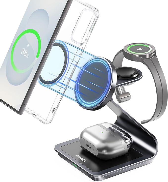 Bonola Wireless Charger for Samsung: Magnetic 3 in 1 Wireless Charging Station for Samsung S25 S24 Ultra S23 S22 S21, Aluminum Alloy Charger Dock Stand for Galaxy Watch Ultra/7/6/5/4, Buds 2/2 Pro