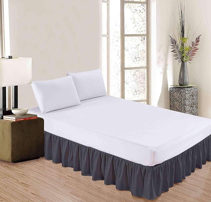 Dark Grey Solid Ruffled Bed Skirt Twin-8 Inch Drop Split Corner, Microfiber Bedskirt with Platform Three Sided Coverage