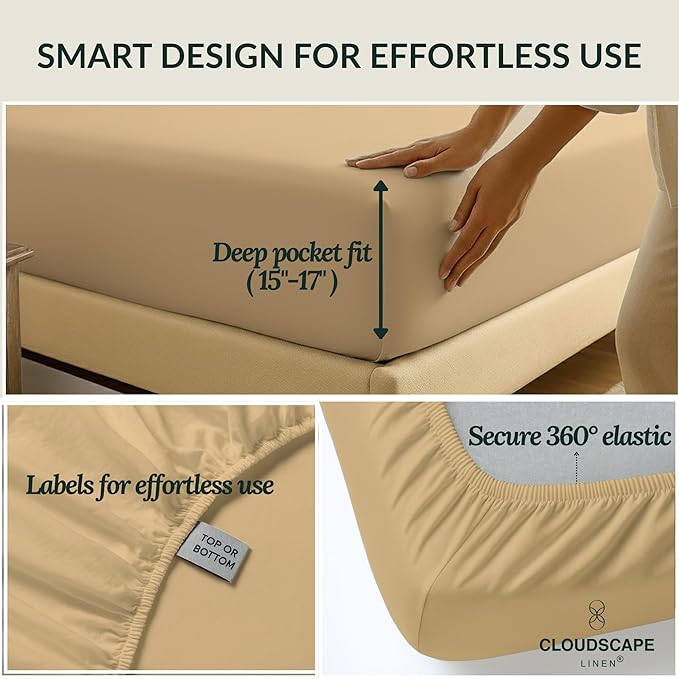 Cloud Scape Linen 100% Egyptian Cotton Split King Sheet Set for Adjustable Bed,400 Thread Count, 5 Pcs Bedding Set, Soft, Breathable and Durable, Deep Pockets up to 17, Linen