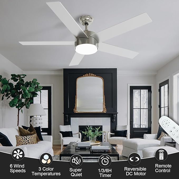 POCHFAN 52 Inch Brushed Nickel Ceiling Fans with Lights,Ceiling Fan with Remote Control,Reversible DC Motor,3 CCT 6-Speed,Noiseless Ceiling Fan for Bedroom,Living Room,Dining Room,ETL Listed