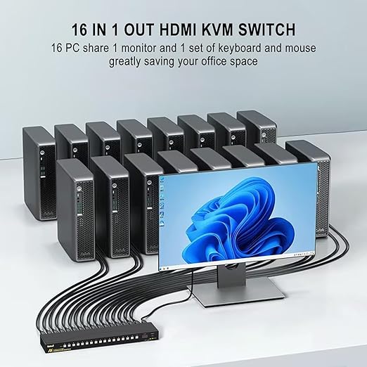 JideTech 16x1 HDMI USB KVM Switch 4K@60Hz with USB 3.0 Hub, Hotkey Switching, HDCP2.1 & Intelligent EDID — Multi System USB Peripheral Sharing for Office/Studio/IT Rack
