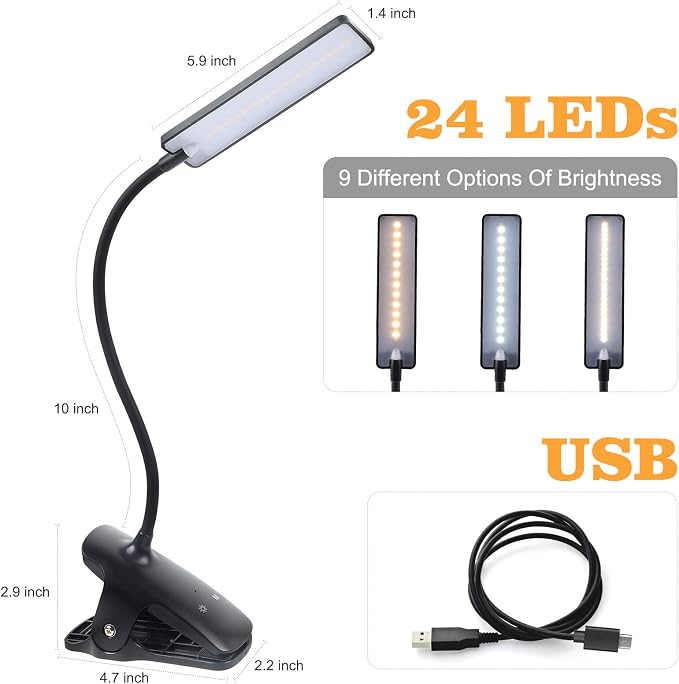 LED Reading Light with Clip USB Rechargeable Book Lights, 24 LEDs Flexible Neck - Image 2