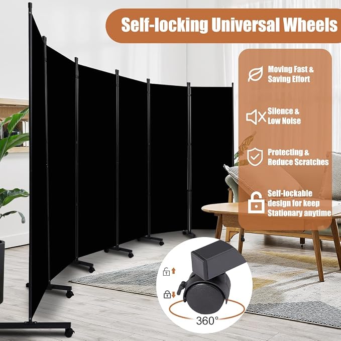 Room Divider 6FT Tall Folding Privacy Screens, 6 Panel Wall Divider w/Wheel | - Image 4