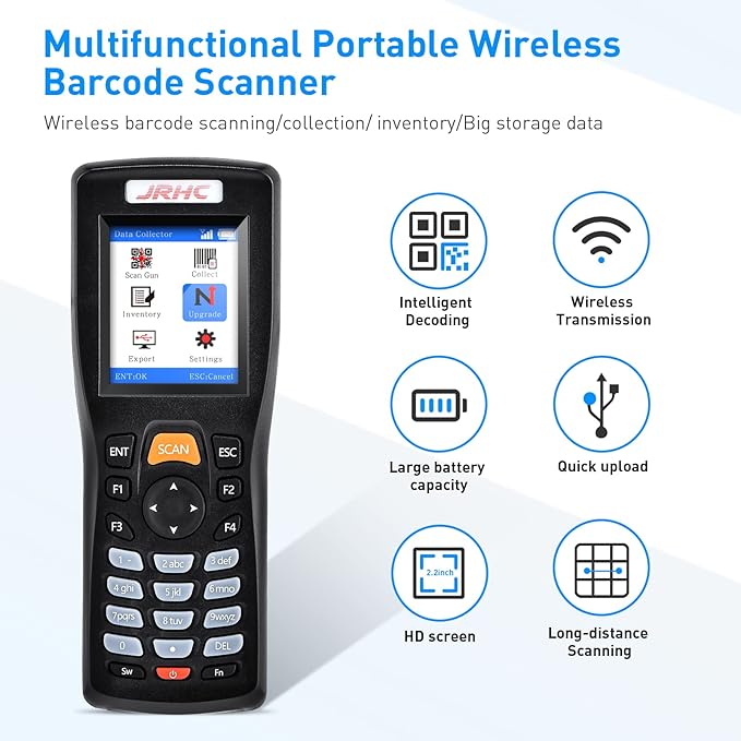JRHC Wireless Barcode Scanner, Portable Inventory Scanner 1D 2D&PDF417 Data Collector Data Terminal Inventory Device with 2.4GHz Wireless & USB Wired Connection Bar QR Code Scanners