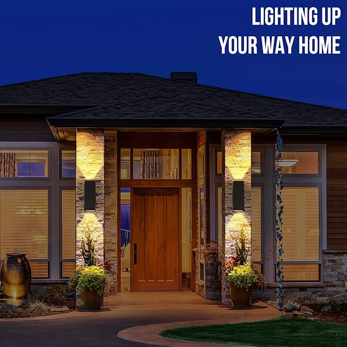 wowlite Outdoor Wall Lights Dusk to Dawn Sensor, 2700K Warm LED Up Down Sconce, IP65 Waterproof 13" Modern Square Matte Black Exterior Light Fixture Wall Mount for Porch Patio Garage, ETL Listed