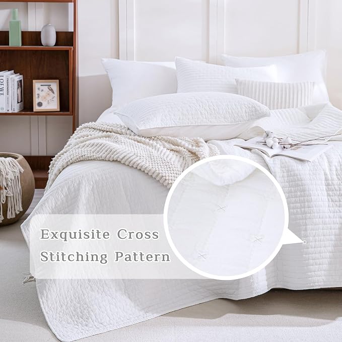 CozyTide Oversized King Bedspread 128"x120", Bright White Stone-Washed Cotton - Image 3