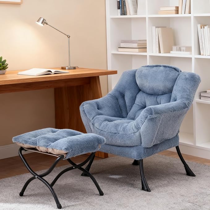 Welnow Lazy Chair with Ottoman, Reading Chair with Footrest, Plush Light Blue | - Image 2