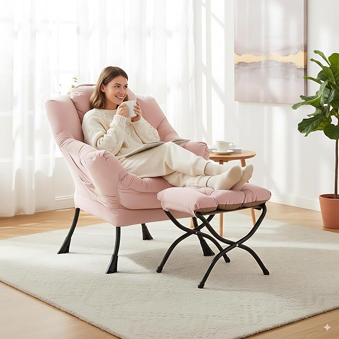 Lazy Chair with Ottoman, Comfy Accent Reading Chair, Velvet Pink | Foldable - Image 7