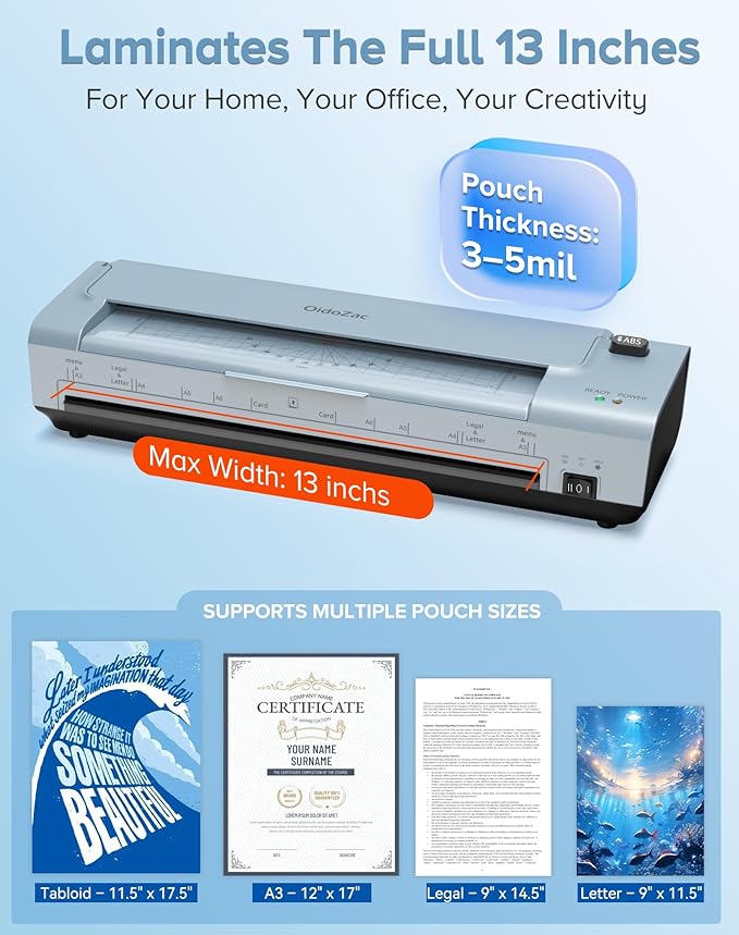 OidoZac 13 Inch Laminator Machine with 20 Laminating Sheets, 11x17 Hot & Cold laminator for Teachers 10 in 1 with Auto Paper Feed, Never Jam Technology Personal Laminator for Home Office School