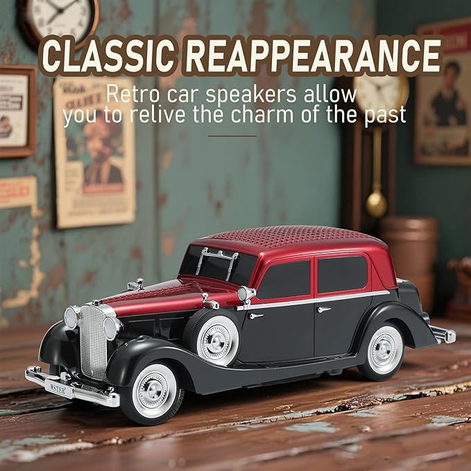 WSTER WS-1934 Retro Classic Car Bluetooth Replica Speaker – Wireless HD Sound with FM Radio,TWS Stereo,LED Party Lights,Built-in Microphone Hands-Free Call, Surprise Portable Gift for Party Use(Red)