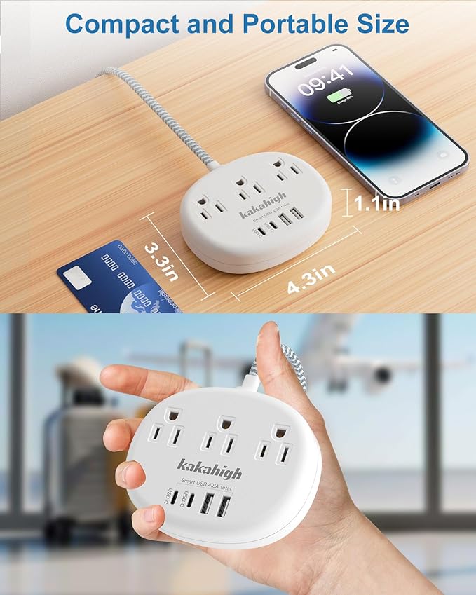 Small Extension Cord - Braided Extension Cord 10 Feet, 13 Amp (1625W) Power Strip with 3 AC Outlet 4 USB (24W/4.8A), College Dorm Room Essentials, White