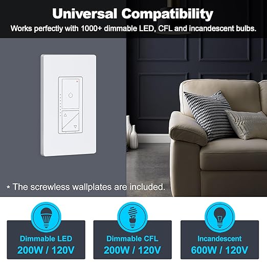 BESTTEN 5 Pack Super Slim Digital Dimmer Light Switch with Screwless Wallplate, Single Pole or 3 Way Dimmer with Air Gap Power Cut Off Switch, 3 Button Control, ETL Listed, White